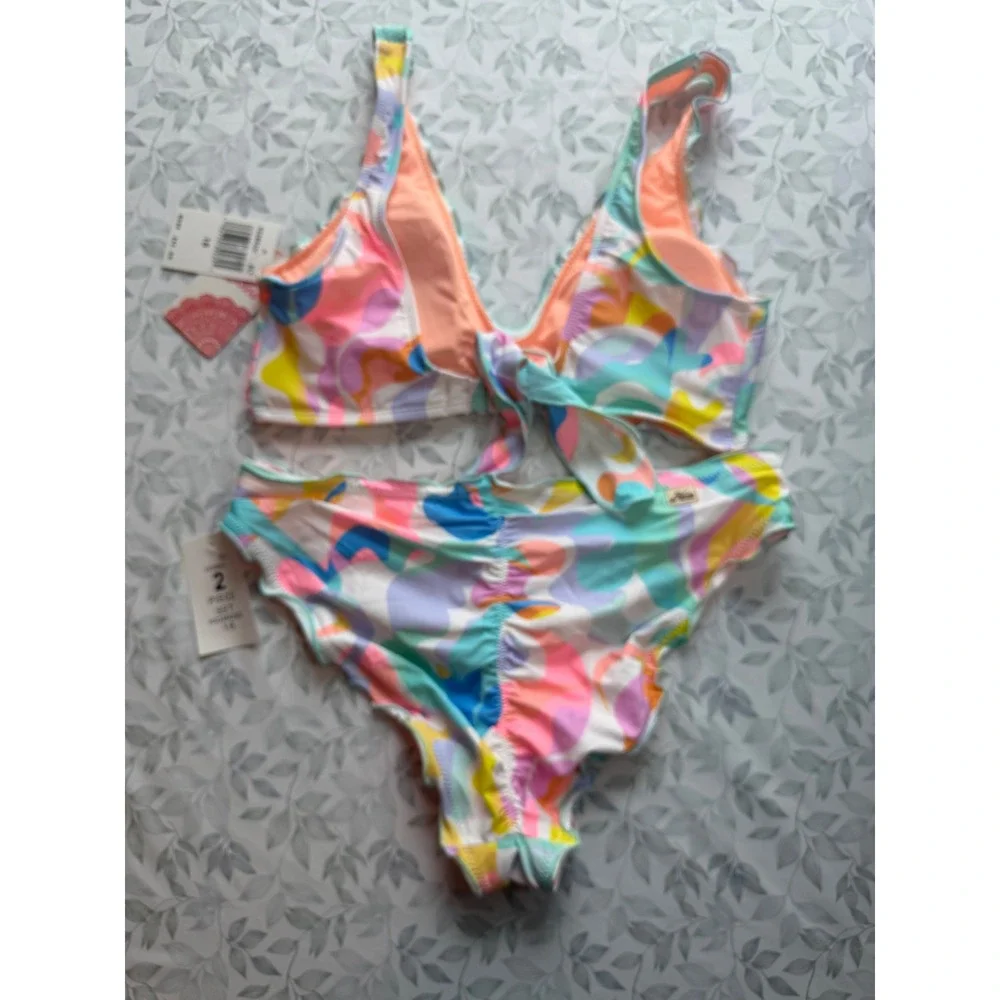 Hobie Girls Multicolor Pastel Swirl Bikini 2 Piece Swimsuit Set Ruffle Size 16
